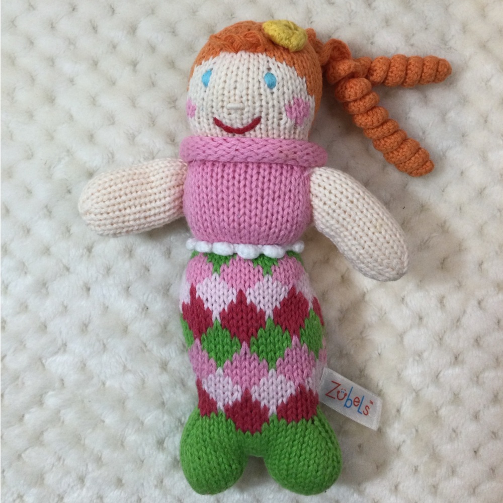 Zubels MERMAID BABY RATTLE PEARLY PENNY 8 inch Knit Stuffed Animal 🧜‍♀️